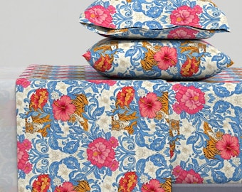 Maximalist Tropical Sheets - Tiger Damask  - Jungle Damask Exotic Botanical Printed Cotton Sheet Set Bedding