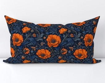 Poppy Flower Blue And Orange Accent Pillow Cover - Botanical Chintz Florals Vines Printed Rectangle Lumbar Throw Pillow Cover