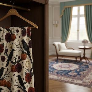 Op de afbeelding: Een crèmekleurige stof met een Halloween-thema hangt aan een houten hanger. Het ontwerp toont zwarte kraaien die op takken zitten met pompoenen, bordeauxrode bloemen en halve manen. De stof wordt in een donkere houten kast getoond.