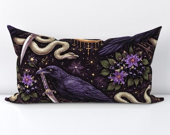 Dark Raven Accent Pillow Cover - Periwinkle Witch Garden - Snakes Nightshade Printed Rectangle Lumbar Throw Pillow Cover