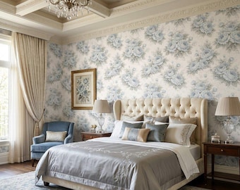 Papel pintado de rosas azules - Rosas azules descoloridas, estilo shabby chic, estampado floral azul y blanco, removible y autoadhesivo.