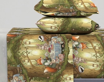 Whimsical Forest Sheets - Animals Having A Tea Party In Forest Printed Cotton Sheet Set Bedding