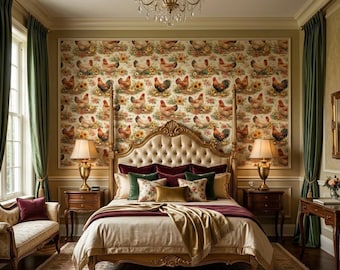 Farmhouse Painted Hens Chickens Wallpaper -  Farm Animals Watercolor Chicken Floral Printed Removable Peel And Stick Wallpaper