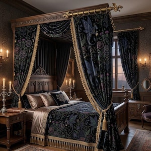 Pollinator Dragons Curtain - Traditional Fantasy Floral Goth Printed Custom Curtain Panel