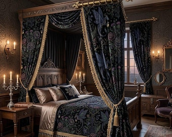 Pollinator Dragons Curtain - Traditional Fantasy Floral Goth Printed Custom Curtain Panel