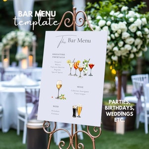Bar Menu Template, Party Drink Menu, Modern Editable Template, Minimalist Printable Bar Menu, Cocktail Menu, Party Drinks Menu, Wedding, DIY