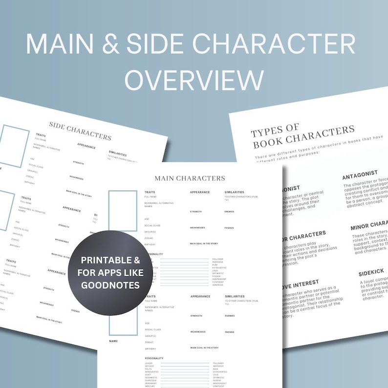 May include: Printable character chart for writers to organize their book characters. The chart includes sections for traits, appearance, similarities, personality, and main goal in the story. The chart is labeled "Main Characters" and "Side Characters".