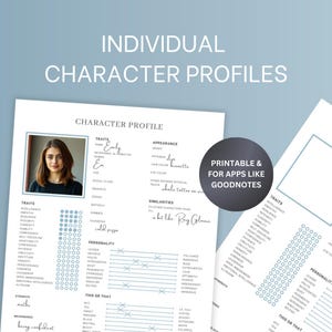 May include: Printable character profile template with a blue and white color scheme. The template includes sections for traits, personality, appearance, and similarities. The template is designed for use with apps like Goodnotes.
