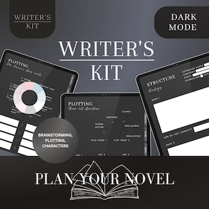 以下が含まれることがあります： ダークモードのテーマを持つ作家向けのデジタルプランナーキット。このキットには、ブレインストーミング、プロット、キャラクター開発のテンプレートが含まれています。画像には、3幕構成のストーリーテンプレートと、2部作を計画するためのテンプレートも表示されています。