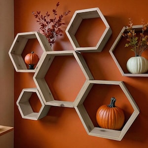 Rustic Cedar Hexagon Shelves - Set of 5 Floating Honeycomb Shelves