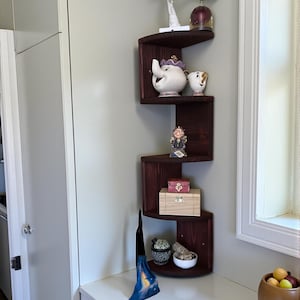 C-Shape Corner Shelf | Zigzag Floating Wall Shelf, Cherry Wood
