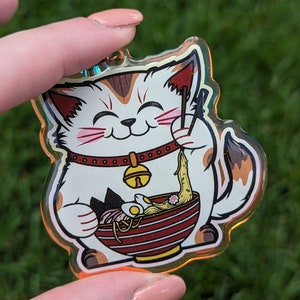 Ramen Neko Keychain | Rainbow Acrylic Charm | Acrylic Keychain | Keychain Accessory | Rainbow Glitter Acrylic Keychain |