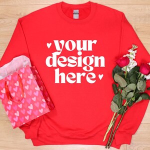 Gildan 18000 Mockup | Valentines Gildan Mockup | Gildan Red Sweatshirt Mockup | Valentines Flatlay Mockup | Red Rose Valentines Mockup