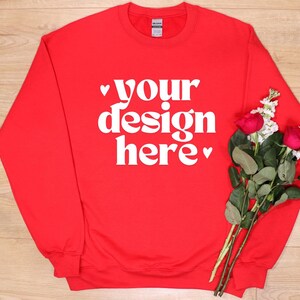 Gildan 18000 Mockup | Valentines Gildan Mockup | Gildan Red Sweatshirt Mockup | Valentines Flatlay Mockup | Red Rose Valentines Mockup