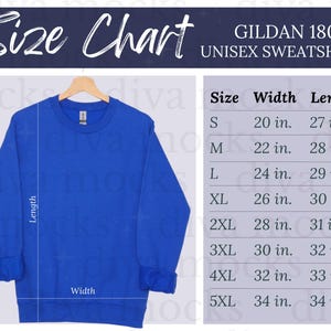 Gildan 18000 Size Chart | Royal Gildan Mockup | Gildan 18000 Size Guide | Hanging Size Chart for Gildan | Gildan 18000 Mockup and Size Chart