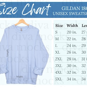 Gildan 18000 Size Chart | Light Blue Gildan Mockup | Gildan 18000 Size Guide | Hanging Size Chart for Gildan | Gildan 18000 Mockup Blue