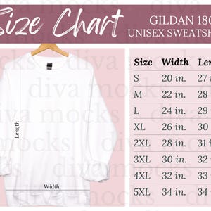 Gildan 18000 Size Chart | White Gildan Mockup | Gildan 18000 Size Guide | Hanging Size Chart for Gildan | Gildan 18000 Mockup and Size Chart