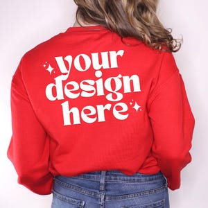 Gildan 18000 Mockup | Back of Gildan 18000 Mockup | Gildan Sweatshirt Mockup | Model Mockup Back | Red Gildan Mockup | Red Sweatshirt Back