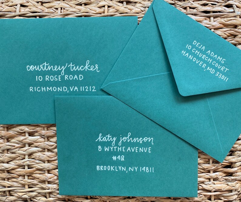 Custom Hand Lettered Envelopes, Dark Green, A7 Envelopes, Wedding