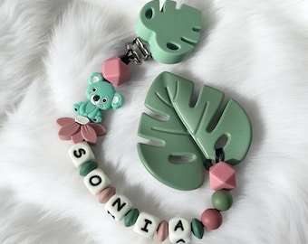 Teething ring clip - silicone beads - pink - girl - personalized - birthday gift - birth - baby - pacifier clip