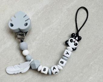 Attache tétine personnalisé, porte sucette gris, blanc, panda,cadeau,naissance,unisexe