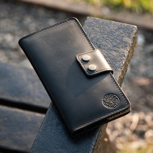 Cartera de cuero elegante para hombre, hecha a mano, de cuero genuino, larga.