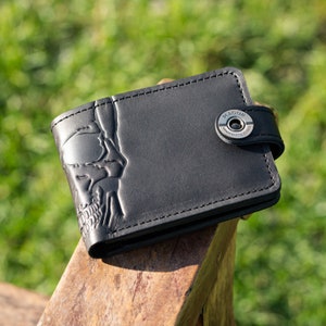 Cartera de cuero para hombre, billetera de cuero genuino con calavera, ideal para aniversarios, padrinos de boda y cumpleaños.