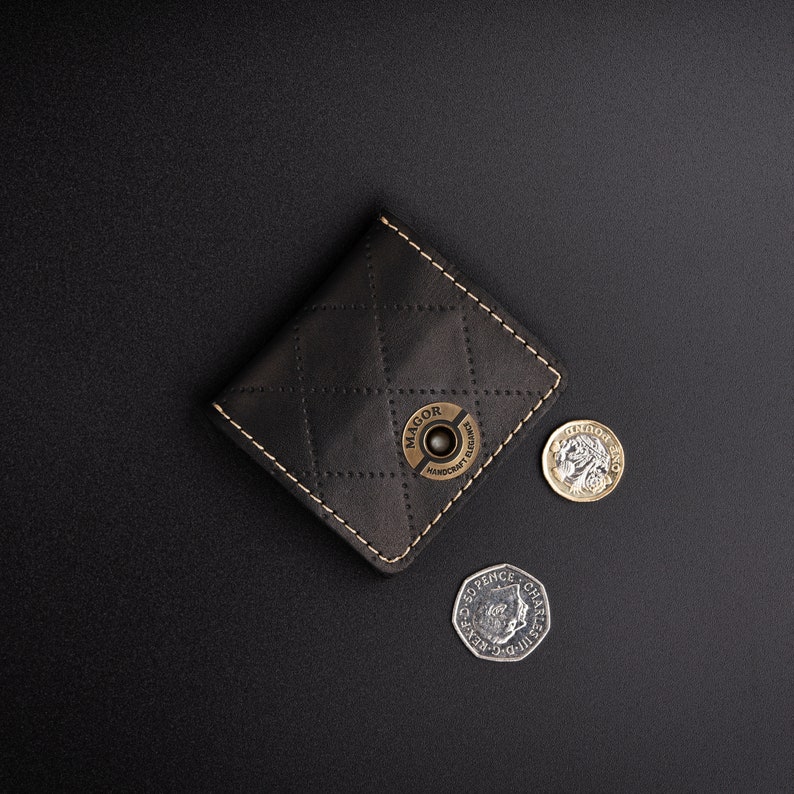 Leather Coin Wallet, Minimalist Coin Bag, Earphone Holder, Jewelery Pouch, Compact Change Purse Black Grid