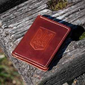 Kartenhalter mit ukrainischem Dreizack, minimalistische Ledergeldbörse, handgefertigt aus strapazierfähigem Leder, schlankes Design