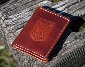 Card Holder with Ukrainian Trident, Minimalist Leather Wallet, Handmade from Durable Leather, Slim Design, Artisan Crafted