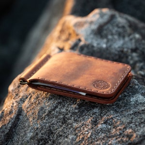 Leather Money Clip, Rustic Minimalist Wallet, Hand-Stitched & Eco Friendly, Groomsman, anniversary, best man gift image 1