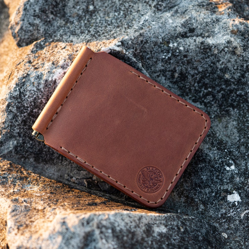 Leather Money Clip, Rustic Minimalist Wallet, Hand-Stitched & Eco Friendly, Groomsman, anniversary, best man gift Brown