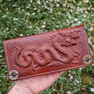 Cartera de hombre, cartera de cuero para mujer, hecha a mano, cartera con diseño de dragón, monedero largo de cuero genuino
