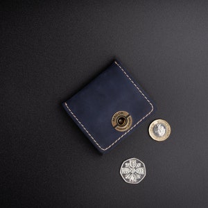 Leather Coin Wallet, Minimalist Coin Bag, Earphone Holder, Jewelery Pouch, Compact Change Purse Crazy horse Blue