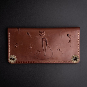 Cartera de cuero para mujer, cartera de mano para mujer, cartera larga de cuero genuino con diseño de gato