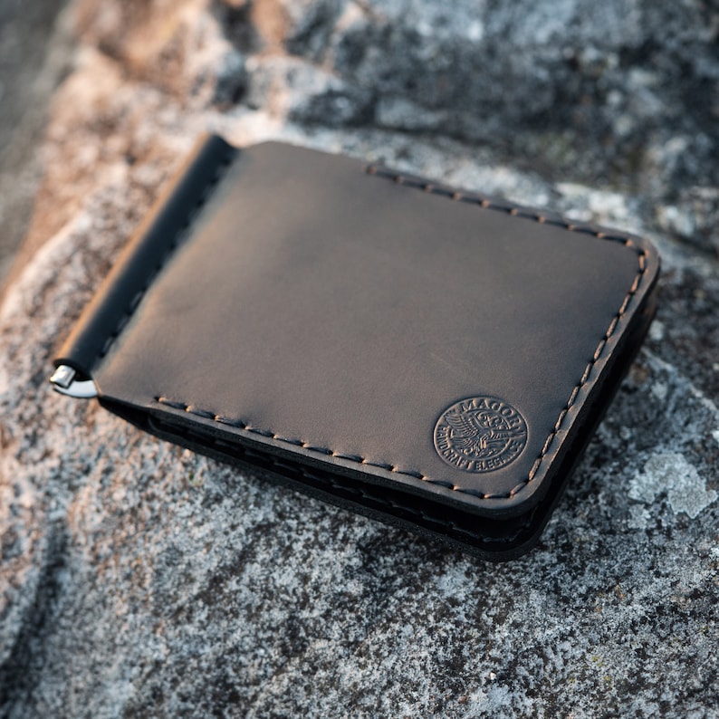 Leather Money Clip, Rustic Minimalist Wallet, Hand-Stitched & Eco Friendly, Groomsman, anniversary, best man gift Dark Brown