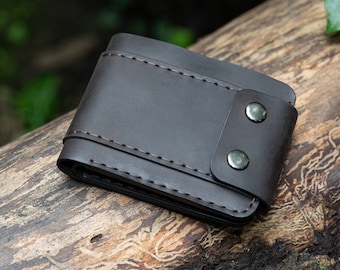 Men's Leather Wallet, Hand-Stitched with Coin Pouch and Double Button Closure