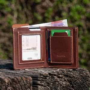Portefeuille compact pour homme, portefeuille en cuir pour homme, portefeuille à deux volets en cuir avec fenêtre pour carte d'identité, anniversaire, garçons d'honneur