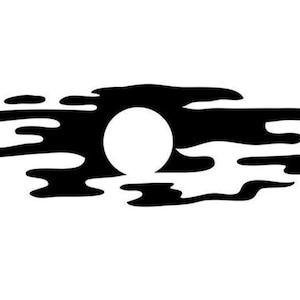 May include: A black and white silhouette of a sun setting behind a cloud bank.