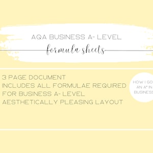 以下が含まれることがあります： AQA ビジネス A レベルの公式シート。ビジネス A レベルに必要なすべての公式を含む 3 ページのドキュメントです。このドキュメントは、視覚的に美しいレイアウトになっています。ページの右側に「How I got an A* in Business」というテキストが円形で書かれています。