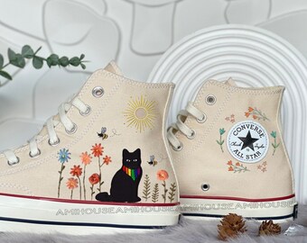 Embroidery LGBT Cat Converse,Embroidered Flower Shoes, Handmade Embroidery Flowers Shoes, Embroidery Designs Black Cat, Chucks LGBT Gifts