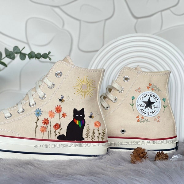 Embroidery LGBT Cat Converse,Embroidered Flower Shoes, Handmade Embroidery Flowers Shoes, Embroidery Designs Black Cat, Chucks LGBT Gifts