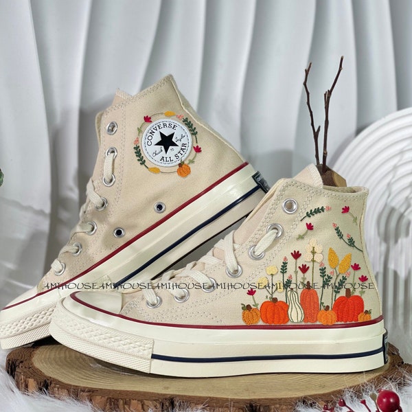 Embroidery Pumpkin Converse, Flowers Embroidered Sneakers, Autumn Inspired Converse High Top Shoes, Gift for her, Autumn Vibes Shoes