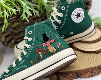Embroidery Cat&Mushroom Converse, Embroidered Flower Shoes, Handmade Embroidery Black Cat Shoes, Embroidery Designs Fungus Mushroom