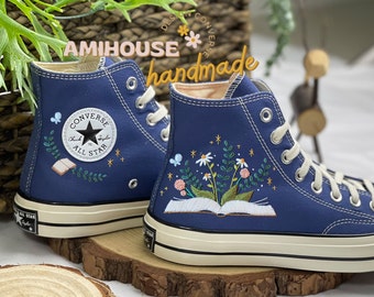 Embroidery Converse/ Flowers and Books Embroidered Sneakers/ Bookish Inspired Converse High Top Shoes/ Gift for her/ Converse Chuck Taylor