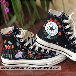 Embroidered Converse Cat/Personalized Embroidered Cat/Hand Embroidered Flower Garden&Cat/Gifts For Her/Custom Pet Converse/Cat Lover Gift