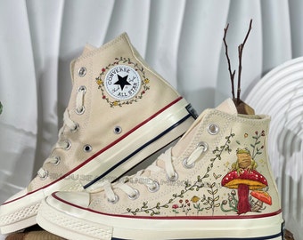 Embroidery Frog Converse, Embroidered Mushroom Shoes, Handmade Embroidery Flowers, Embroidery Designs The Garden, Chucks Best Gifts For Her