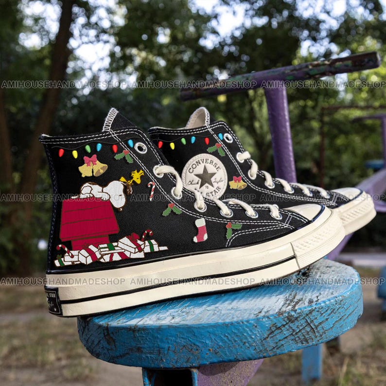 Cartoon Dog Christmas Embroidery Converse, Cute White Dog Christmas