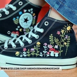 Garden Embroidered Converse, Converse High Tops Custom Embroidery, Mushroom Floral Chuck Taylor 1970s, Hand Embroidery Flowers Unique Gifts