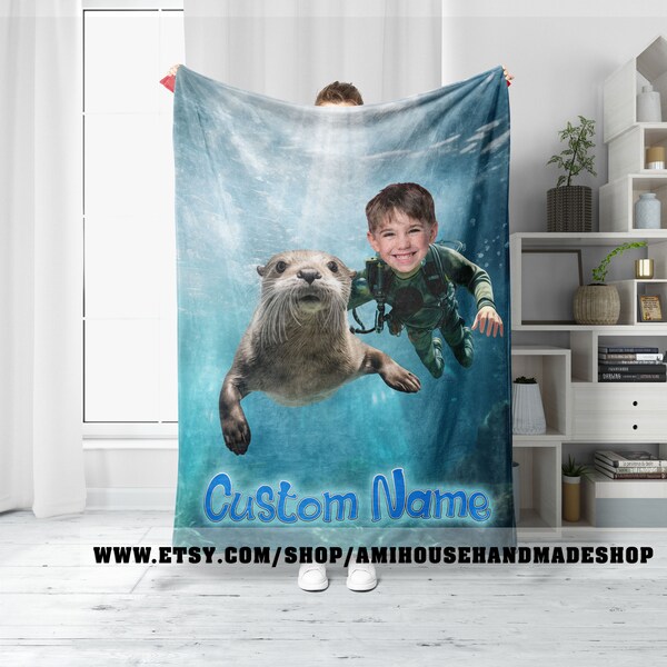 Personalized Otter Plush Blanket, Custom Child Riding Otter, Personalized Blanket for Kids, Otter Baby Blanket, Otter Lover Gift.